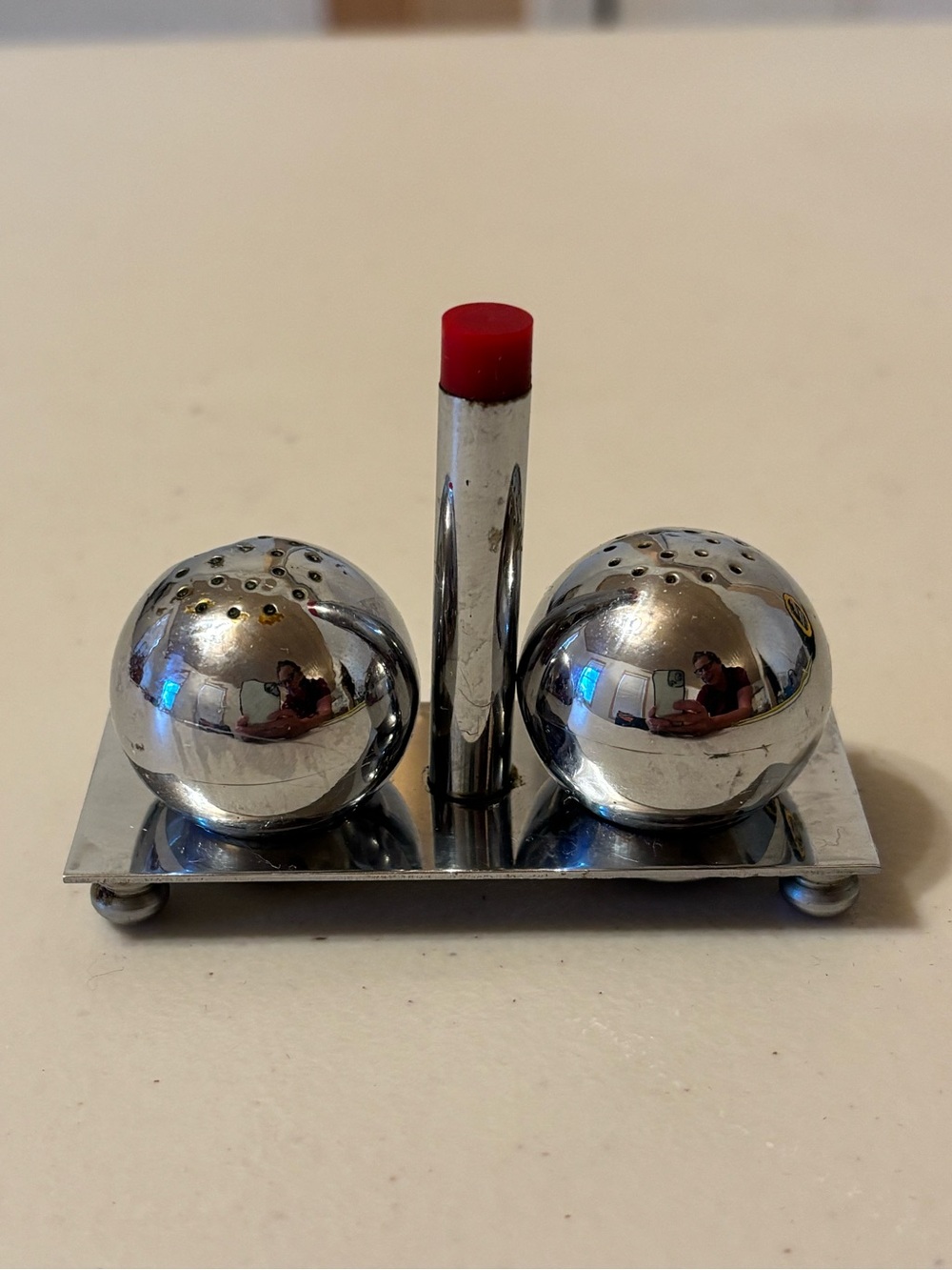 Japanese Polished Mid-Century Silver Salt & Pepper Shaker Set with stand